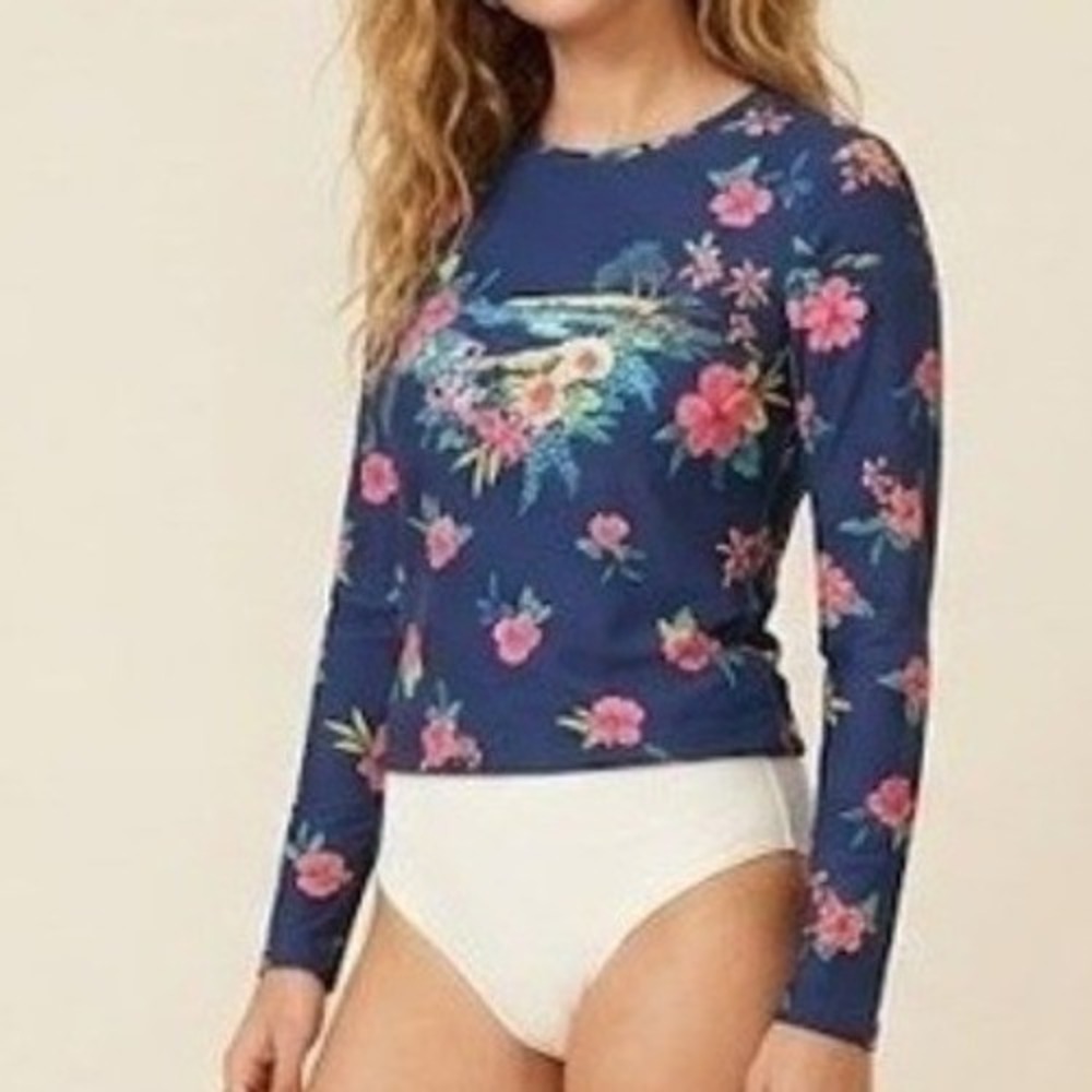 Lands' End Rash Guard Swim Top Women L 14-16 Navy Blue Tropical Hibiscus Floral